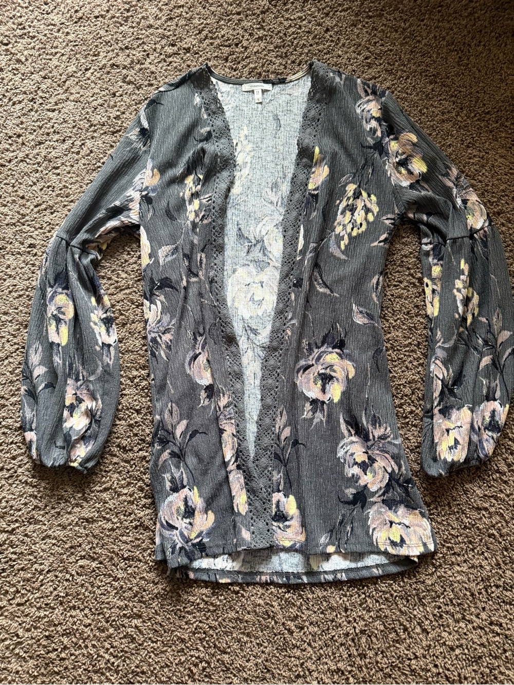 Maurices Gray Floral Open-Front Knit Cardigan